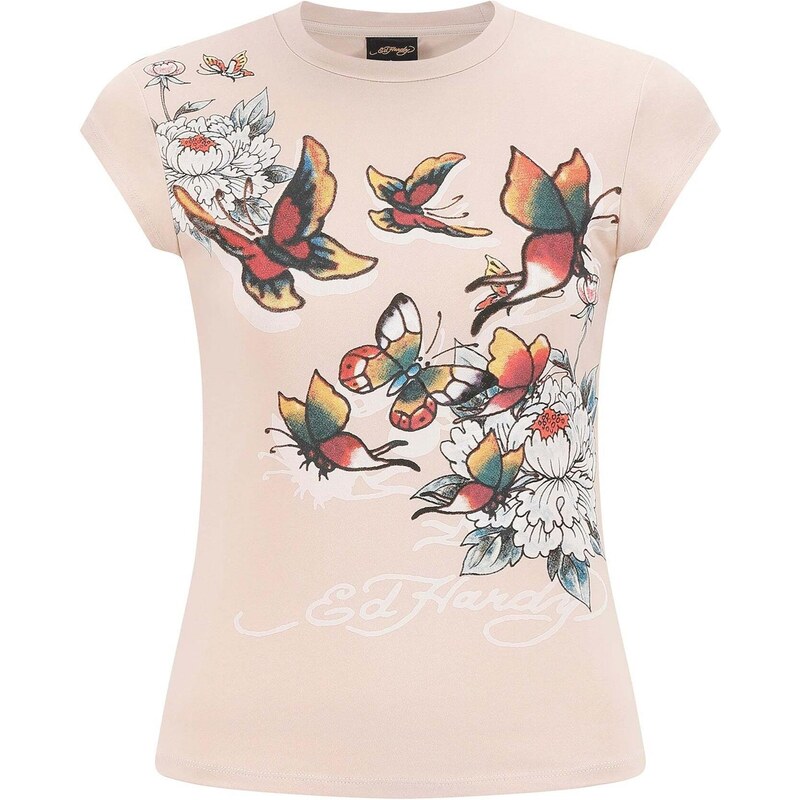 Ed Hardy Tričko Schmetterling Blumen piesková / zmiešané farby 67653918