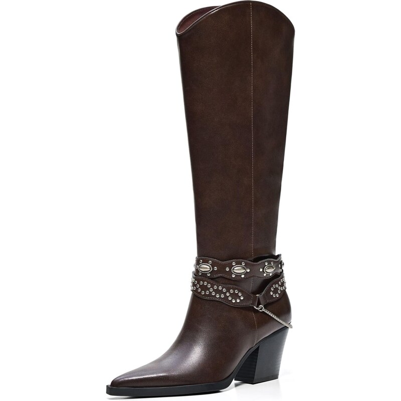 Bershka Kovbojské čižmy tmavohnedá / strieborná 67654182