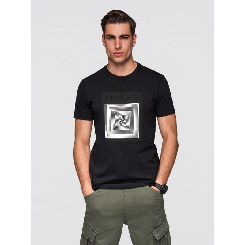 Ombre Clothing Čierne pánske tričko s geometrickou potlačou V1 TSPT 67660958