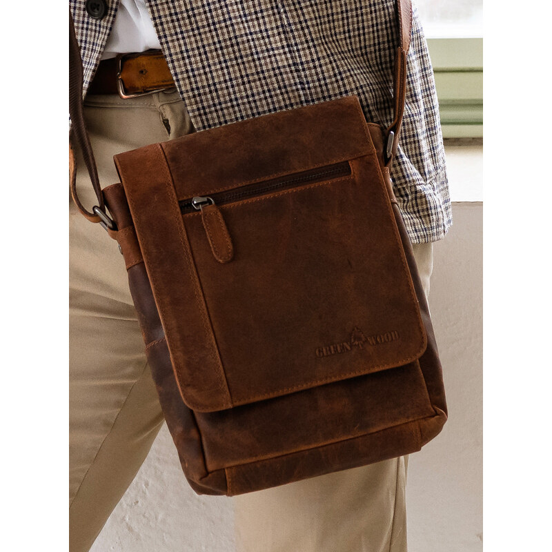 Pánska kožená taška cez rameno Greenwood Steeen - hnedá 40978695