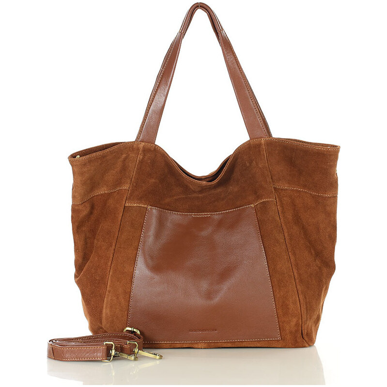 MARCO MAZZINI veľká semišová kožená shopper kabelka s vreckom hnedá 67663495