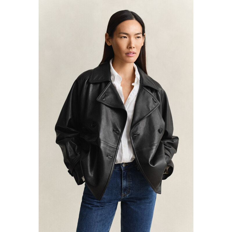 KABÁT GANT LEATHER SHORT TRENCH COAT BLACK 67664675