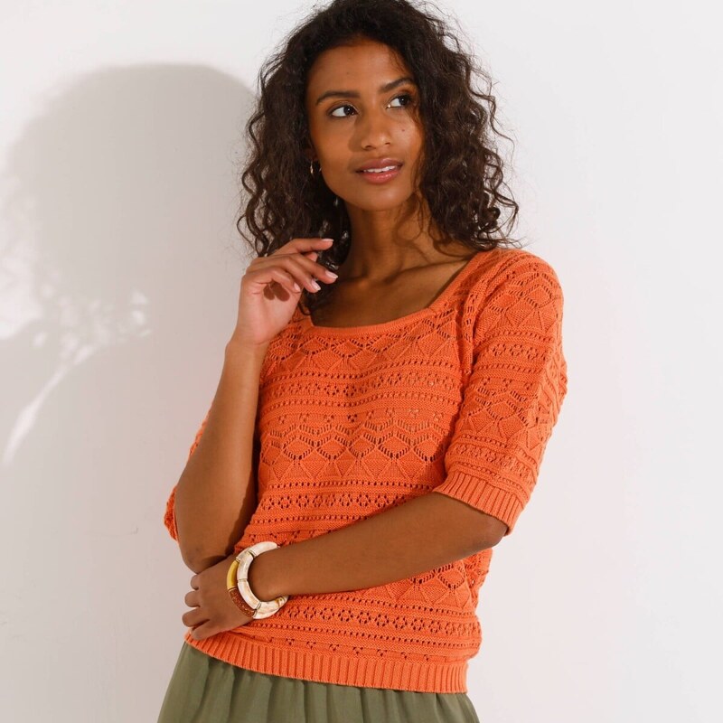 Ažúrový pulóver s rukávmi po lakte mandarínková 054 Blancheporte 61971374
