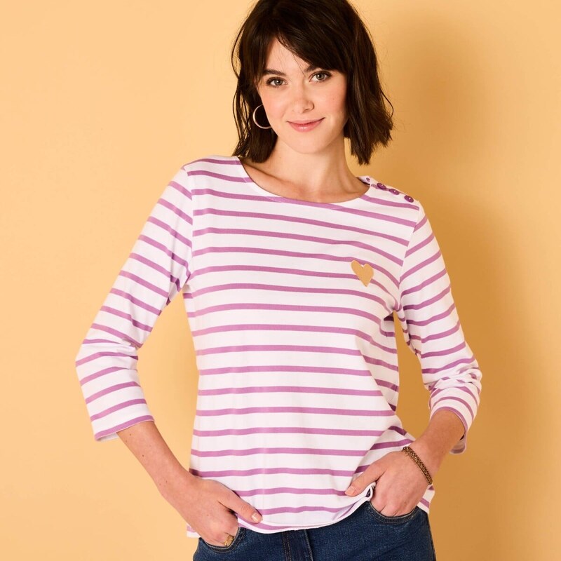 Pruhované tričkoz bio bavlny s výšivkou srdca biela/lila 036 61854040