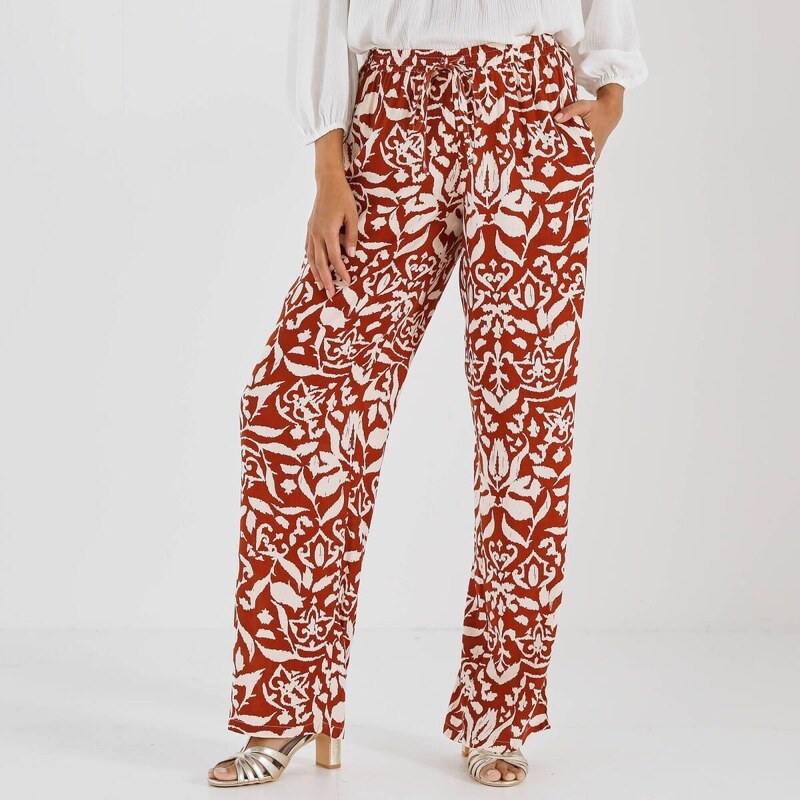 Široké splývavé nohavice z viskózy s potlačou terakota/béžová 038 67494149