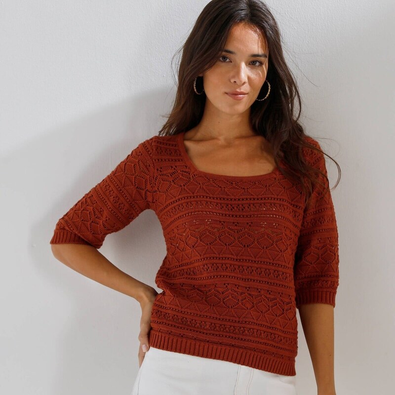 Ažúrový jednofarebný pulóver s rukávmi po lakte terakota 054 67494157