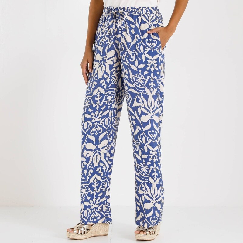 Široké splývavé nohavice z viskózy s potlačou modrosivá/béžová 036 67494150