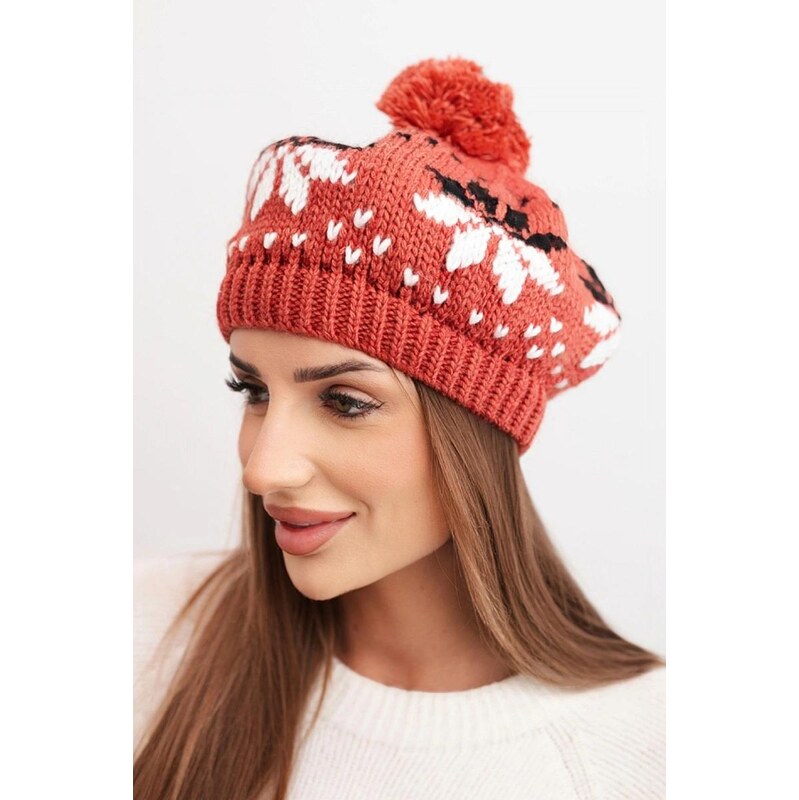 MladaModa Dámska čiapka so vzorom snehových vločiek a brmbolcom K457 67680767