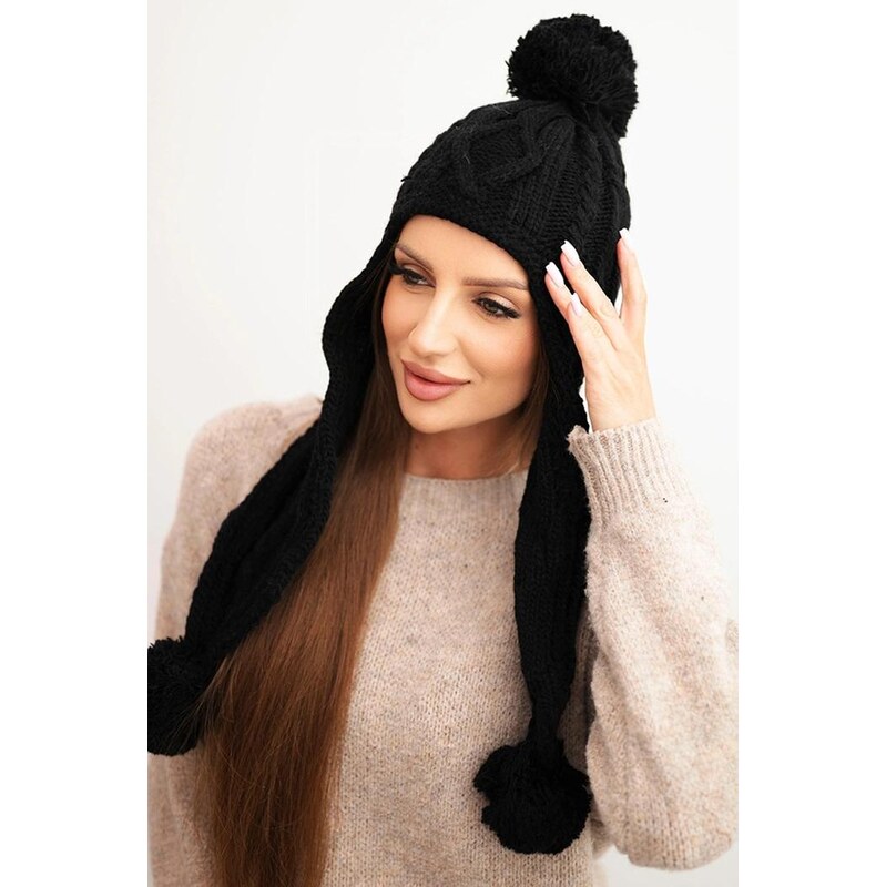 MladaModa Dámska čiapka ušianka s brmbolcami K448 čierna 67680770