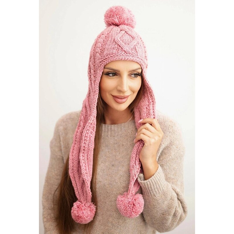 MladaModa Dámska čiapka ušianka s brmbolcami K448 ružová 67680888