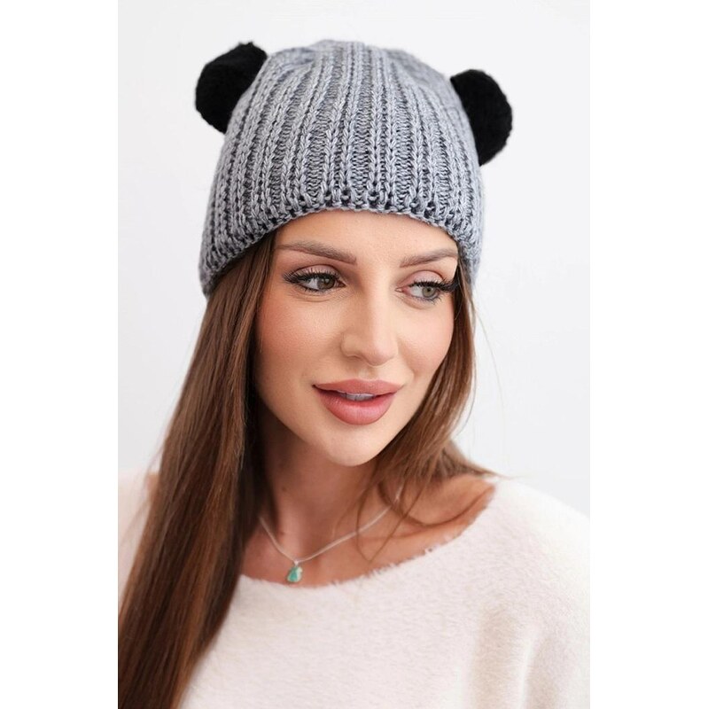 MladaModa Dámska čiapka s dvoma brmbolcami K433 tmavá šedá 67680912