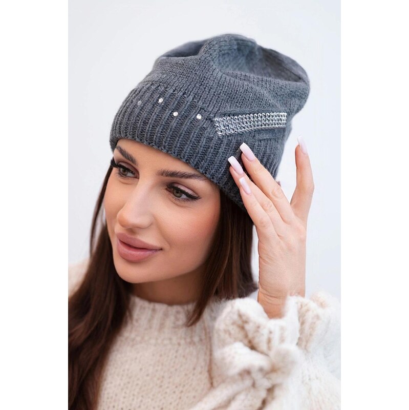 MladaModa Dámska čiapka s ozdobným pásikom zo zirkónov K402 grafitová 67680945