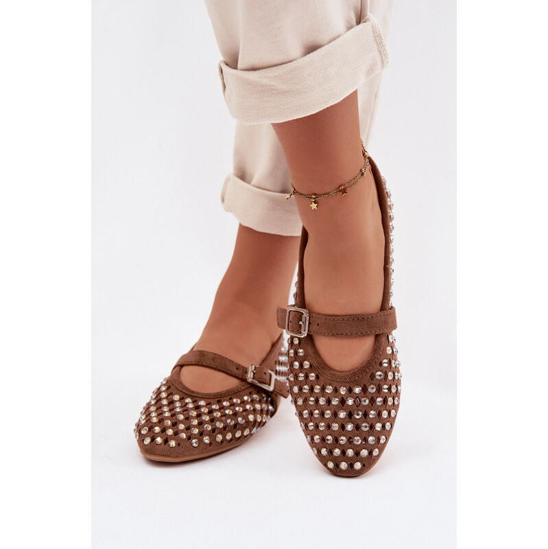 Boto Dámské baleríny s otevřeným vzorem s kamínky a páskem Hnědé 67681430