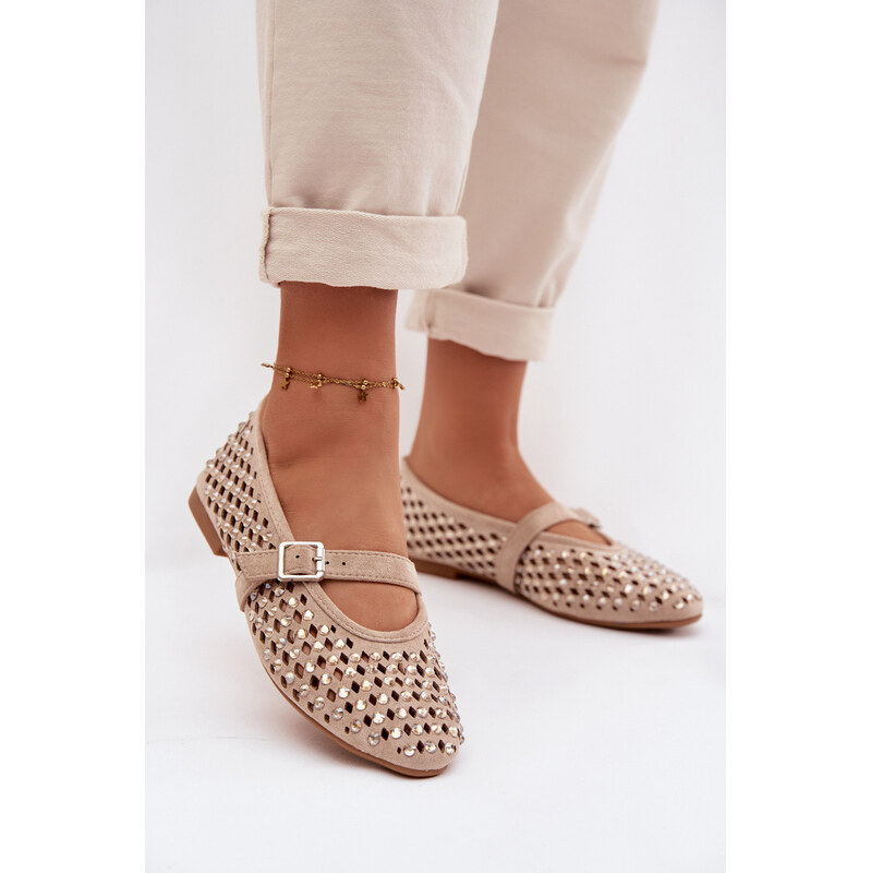 Boto Dámské baleríny s krajkovým vzorem s kamínky a s páskem Bežowe 67681429
