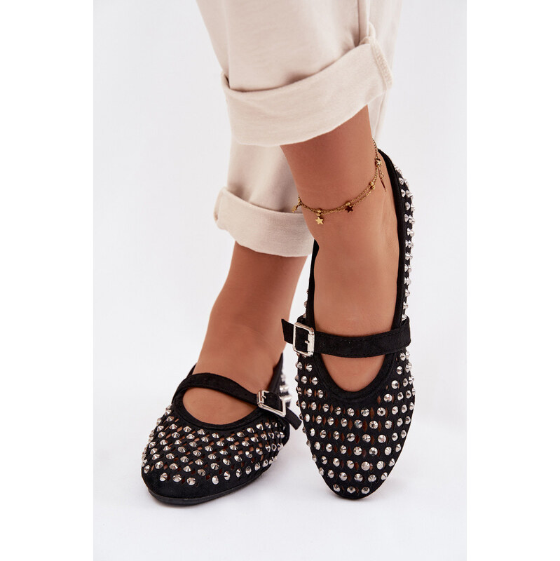 Boto Dámské baleríny s krajkovým vzorem s kamínky a páskem Černé 67681431