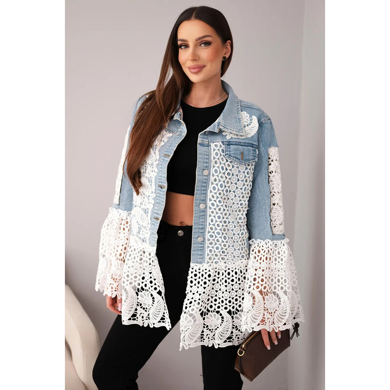 K-Fashion Dámska džínsová bunda z bavlny a čipkového vzoru light denim 67681582
