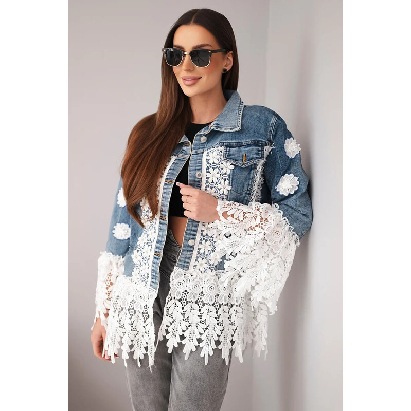 K-Fashion Dámska bavlnená džínsová bunda s kvetinovou čipkou a 67681587
