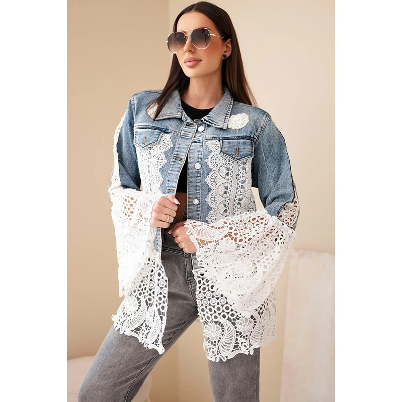 K-Fashion Dámska džínsová bunda z bavlny a kvetinovej čipky z tmavého 67681583