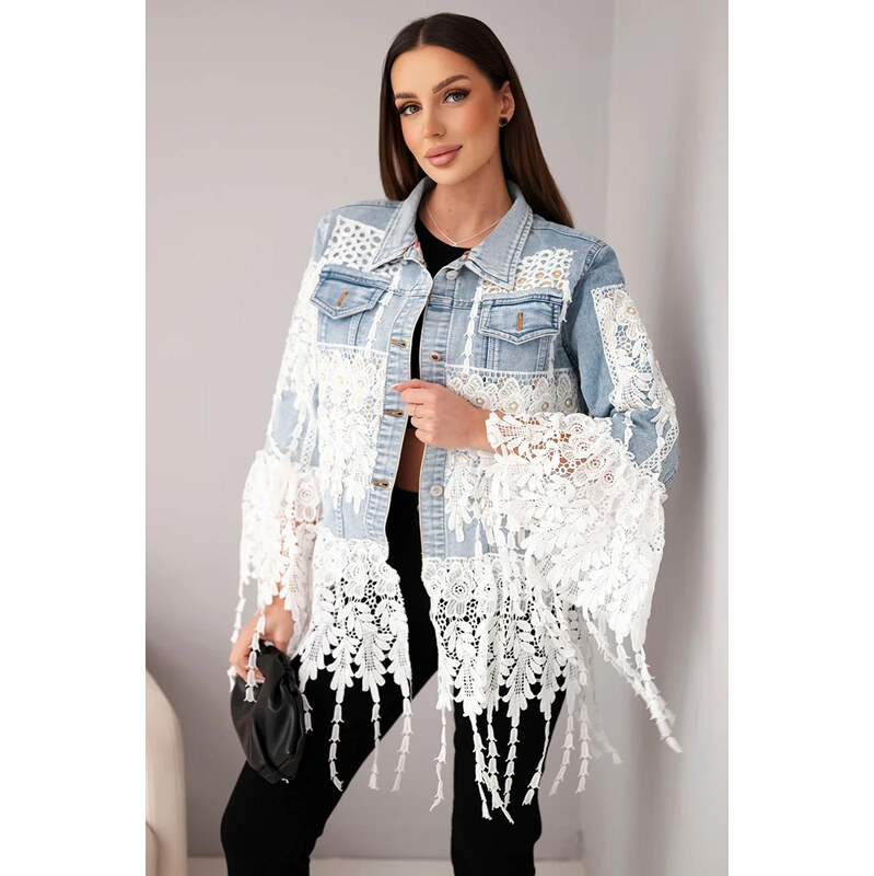 K-Fashion Dámska džínsová bunda z bavlny s čipkou a strapcami z 67681581