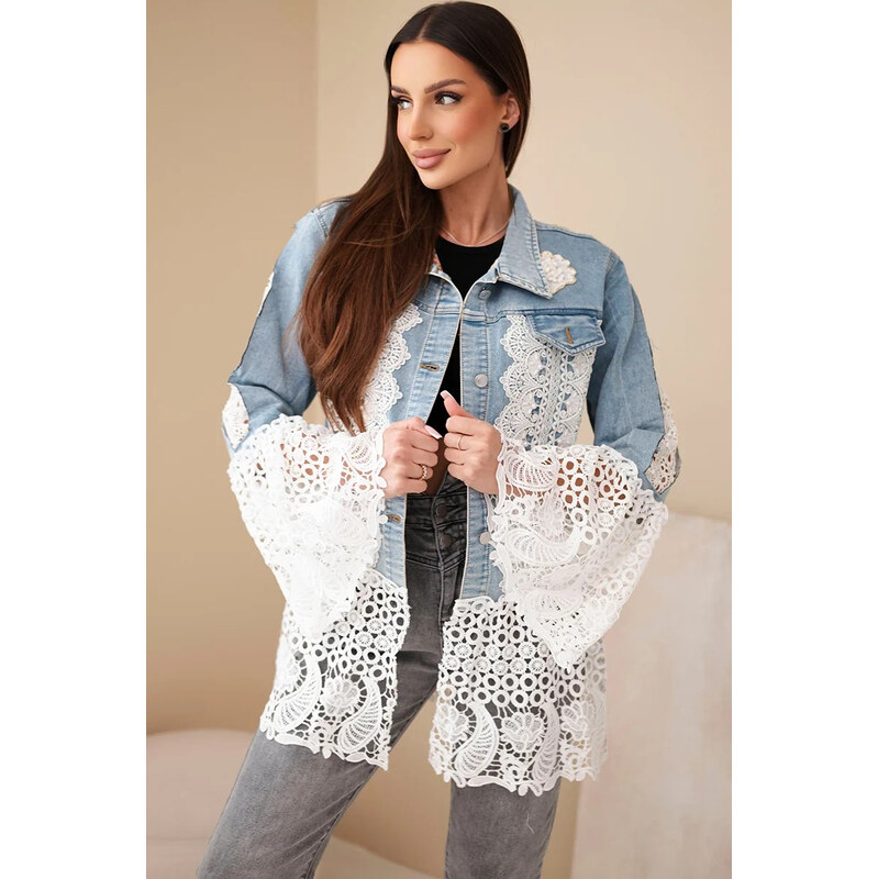 K-Fashion Dámska džínsová bunda z bavlny a kvetinovej čipky z ľahkého 67681584