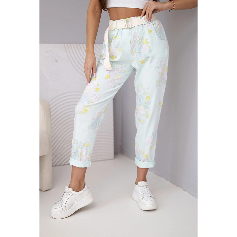 K-Fashion Dámske viskózové kvetinové nohavice s opaskom mätovej farby 67681913