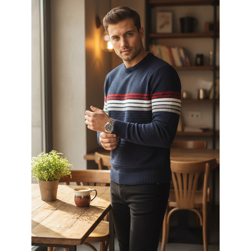 Pánsky pruhovaný tmavomodrý sveter FashionStreet WX2281 67682879