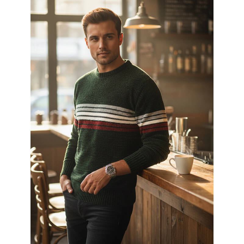 Pánsky pruhovaný zelený sveter FashionStreet WX2280 67682878