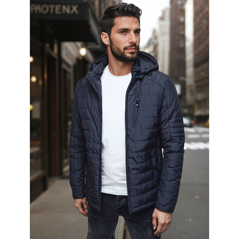 Pánska prechodná prešívaná bunda s kapucňou tmavomodrá FashionStreet 67682909
