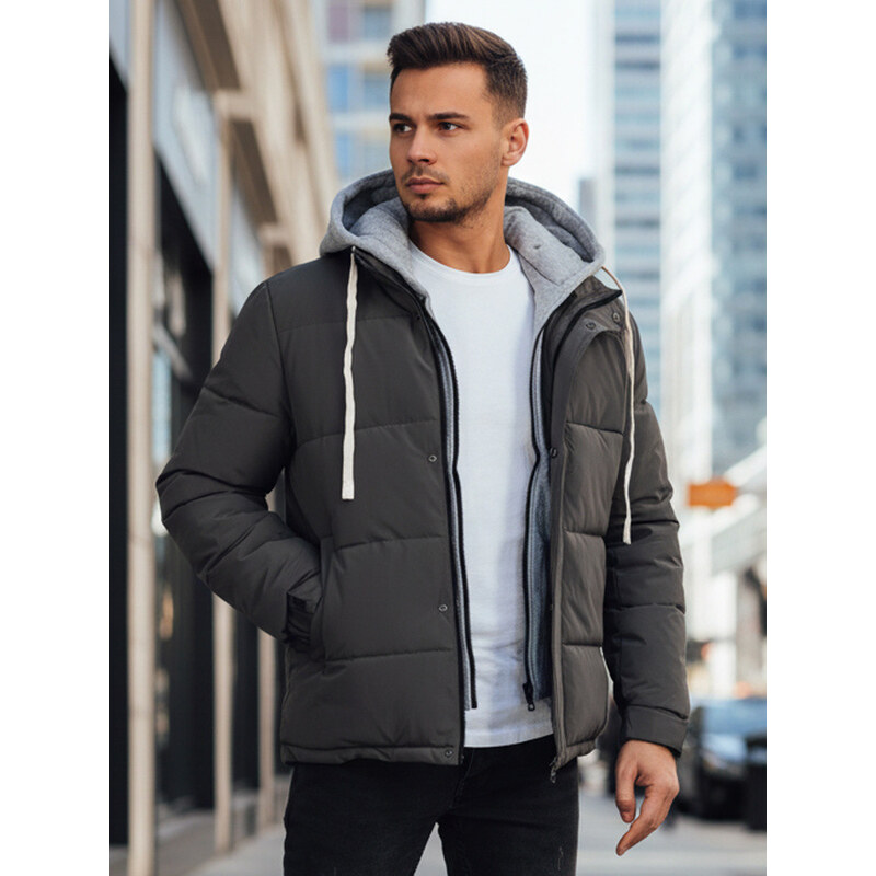 Pánska prešívaná zimná bunda s kapucňou tmavosivá FashionStreet TX5103 67683720