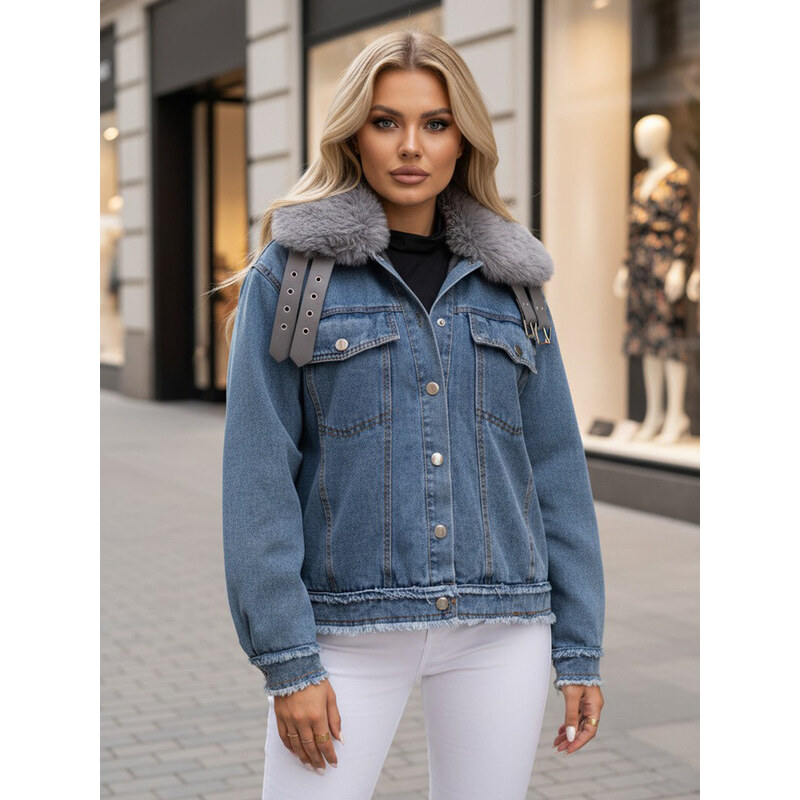 Dámska džínsová bunda FURDENIM s kožušinou svetlo modrá FashionStreet 67683914