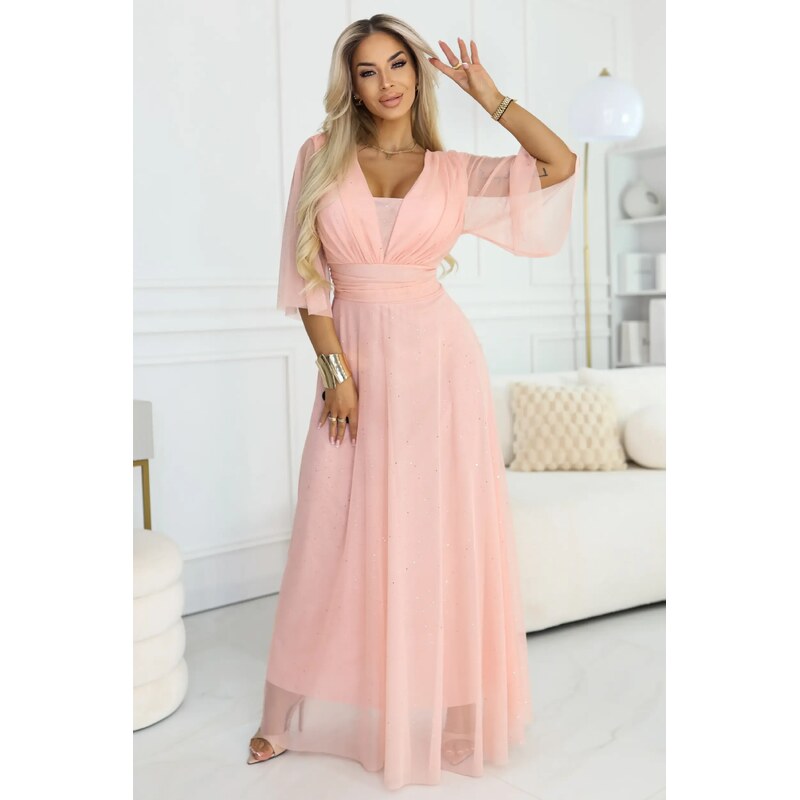 numoco basic Broskyňové spoločenské šaty s tylovými rukávmi 67699088