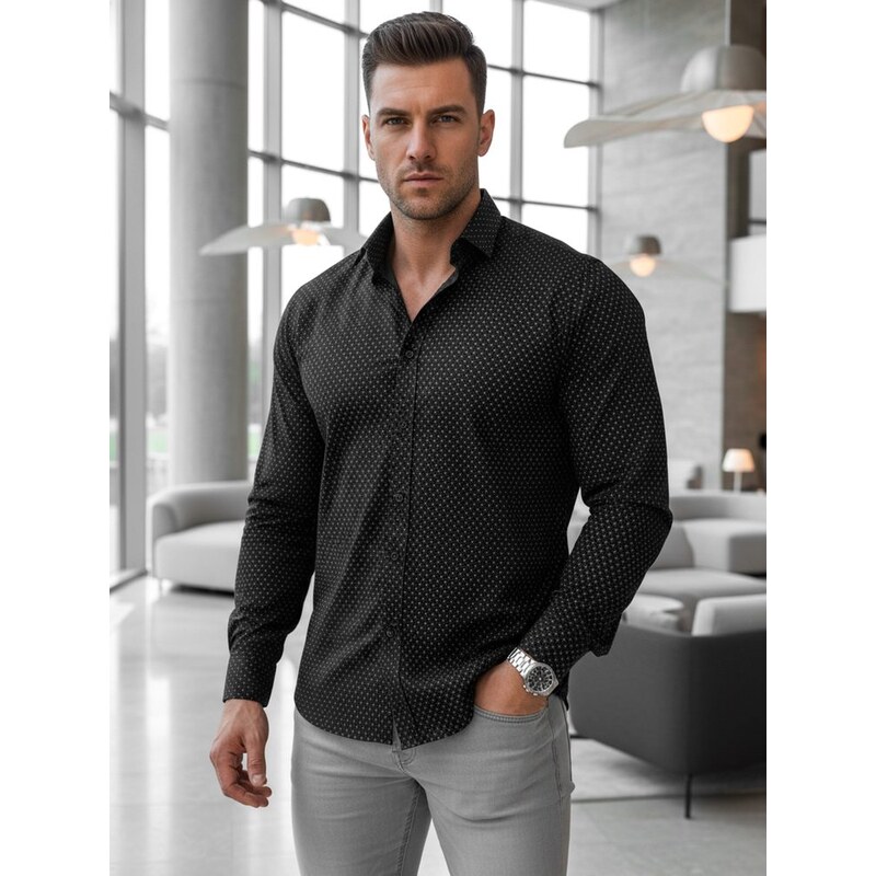 Dstreet Čierna slim fit pánska košeľa so vzorom 67710863