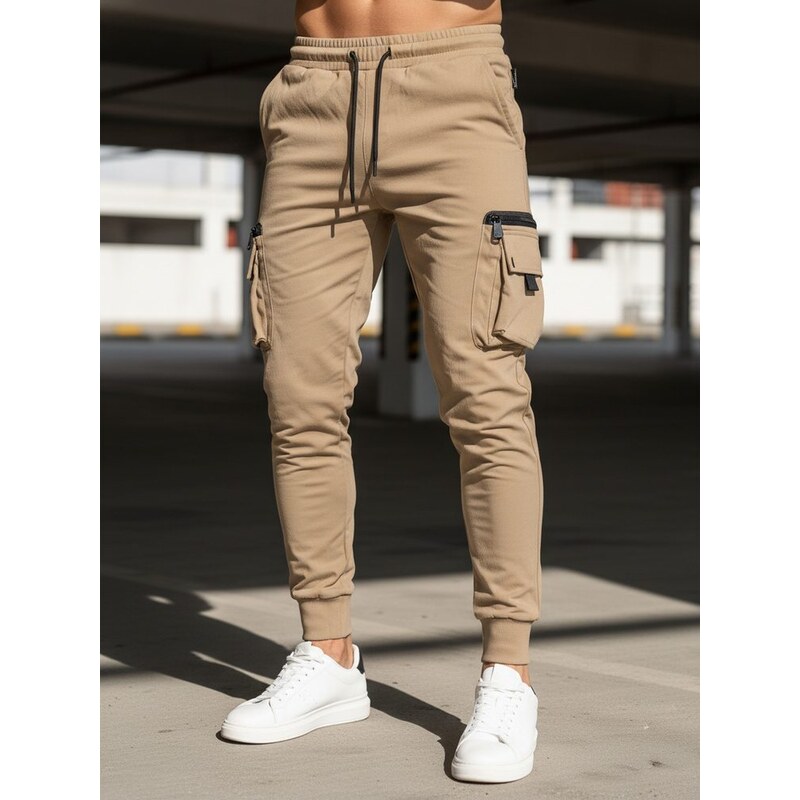 Dstreet Trendy béžové pánske kapsáčové joggery UP 49868512