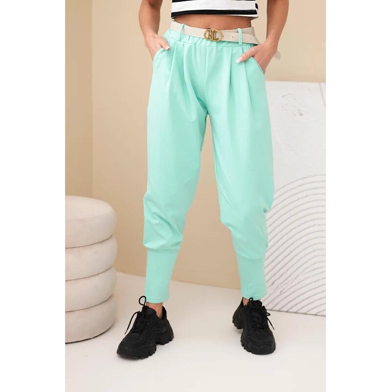 MladaModa Bavlnené nohavice s vysokým pásom a opaskom model 25024 67714531