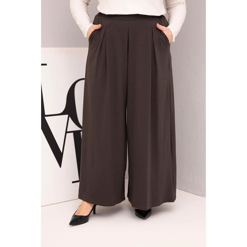 MladaModa Široké oversize nohavice s voľným strihom model 23048 hnedé 67714536