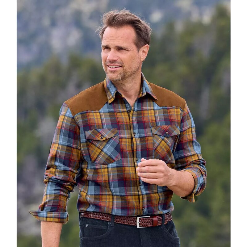 Kockovaná flanelová košeľa so všitými prvkami z imitácie semišu Atlas 61681777