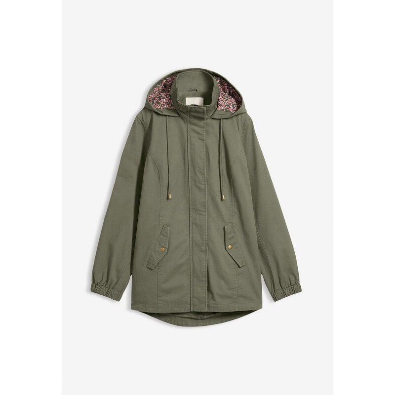bonprix Prechodná bavlnená bunda s potlačenou kapucňou, farba zelená 44789432