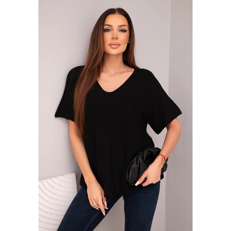 K-Fashion Dámsky sveter s krátkym rukávom a výstrihom do V Black 67780004