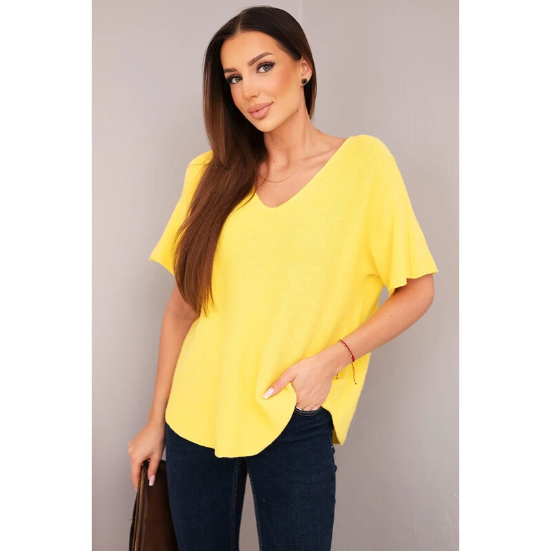 K-Fashion Dámsky sveter s krátkym rukávom a výstrihom do V žltý 67780006