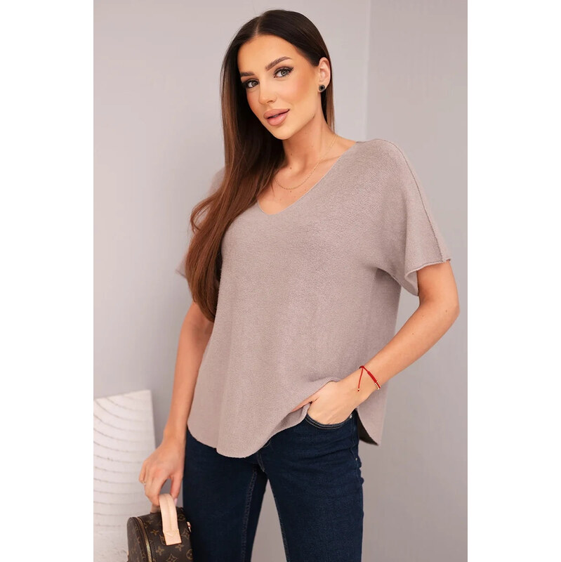 K-Fashion Dámsky sveter s krátkym rukávom a výstrihom do V 67780011