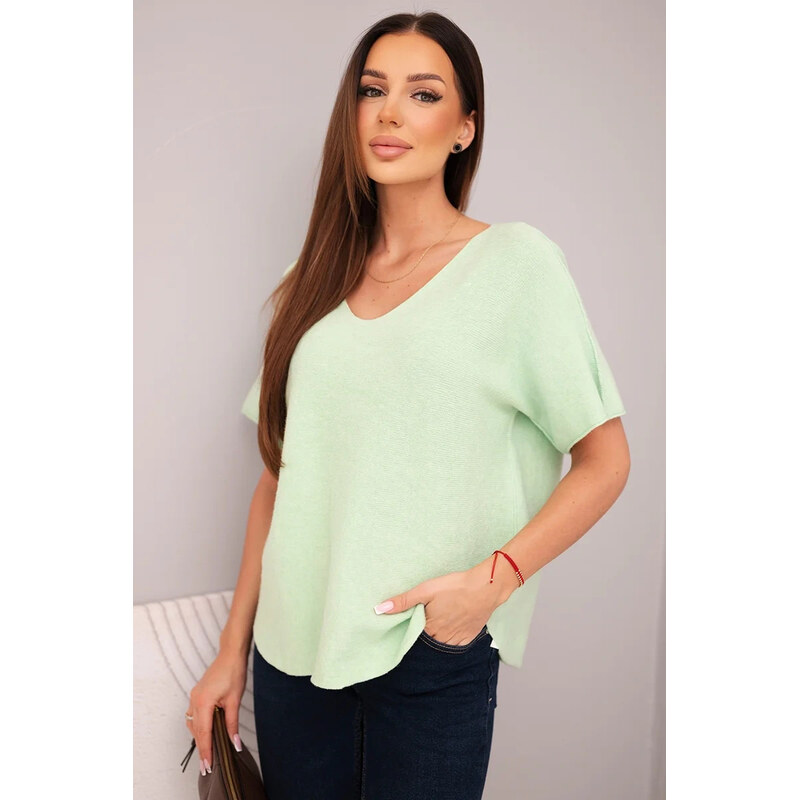 K-Fashion Dámsky sveter s krátkym rukávom a výstrihom do V, mentolový 67780017