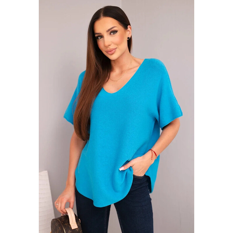 K-Fashion Dámsky tyrkysový sveter s krátkym rukávom a výstrihom do V 67780012