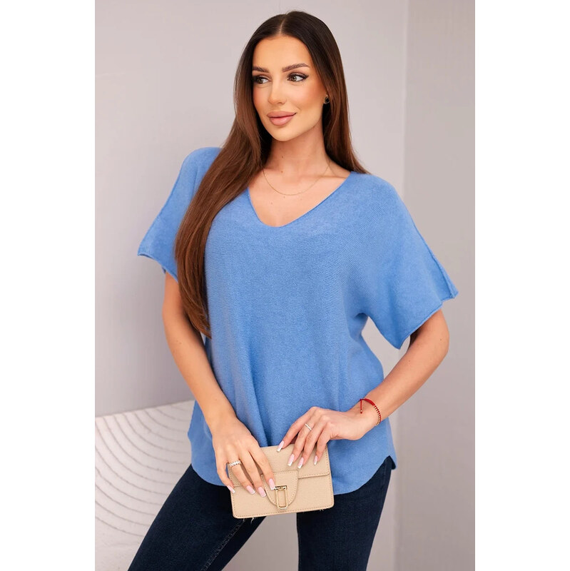 K-Fashion Dámsky sveter s krátkym rukávom a výstrihom do V v džínsovej 67780010