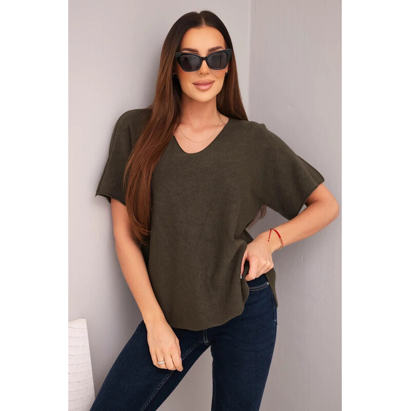 K-Fashion Dámsky sveter s krátkym rukávom a výstrihom do V v khaki 67780018