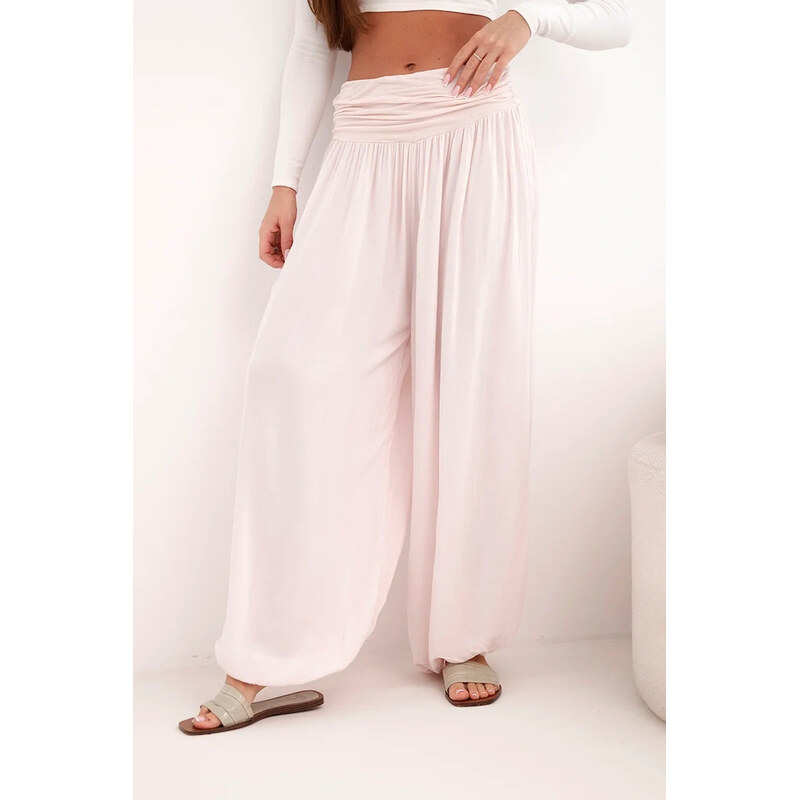 K-Fashion Dámske viskózové nohavice so širokými nohavicami a volánmi 67757818