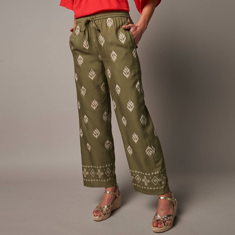 Široké nohavice s vysokým pružným pásom a potlačou khaki/ražná 048 67753871