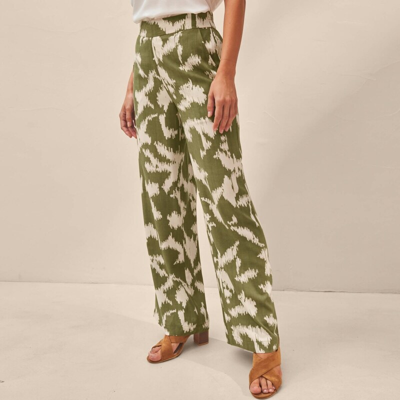 Široké nohavice s potlačou a pružným pásom khaki/ražná 052 67753875