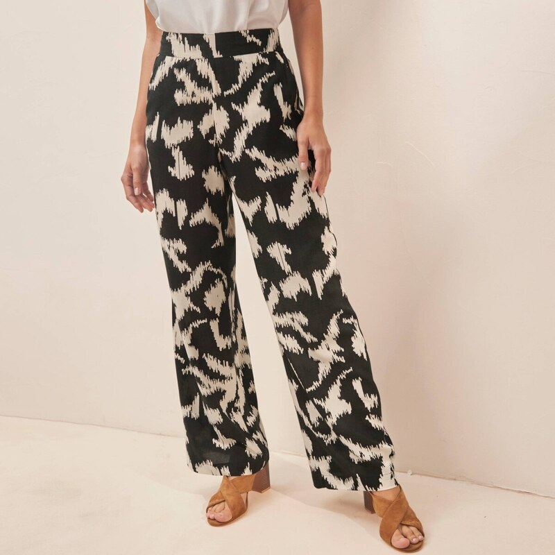 Široké nohavice s potlačou a pružným pásom čierna/prírodná 052 67753876