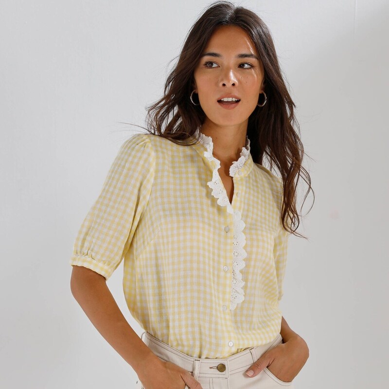 Mušelínová kockovaná blúzka s krátkymi rukávmi žltá 054 Blancheporte 67753881
