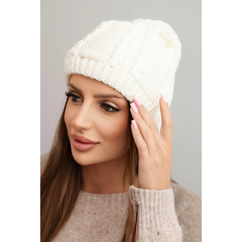 K-Fashion Dámska zimná vlnená čiapka s pleteným vzorom K452 ecru 67778723